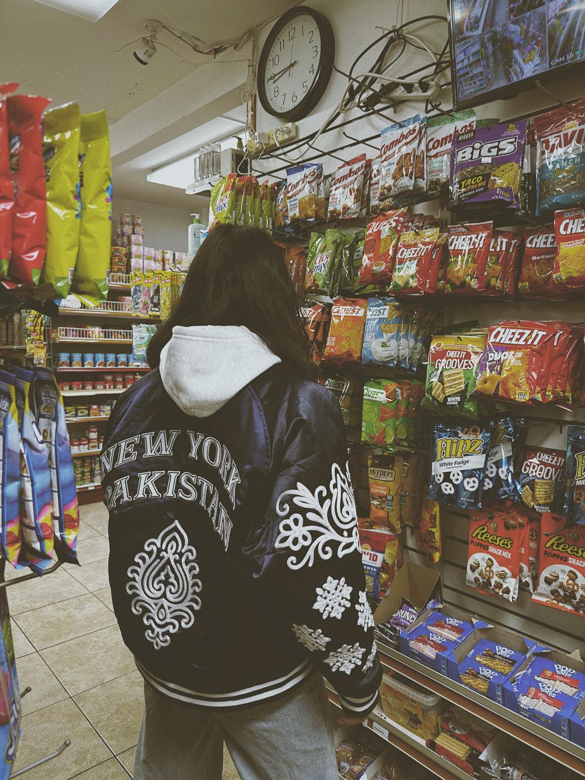 NY "Diaspora Yanks" Satin Baseball Jacket: Navy - Image 13